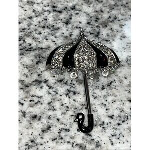 Swarovski Clear Crystal Black Enamel Umbrella Rain Drops Rhodium Pin Brooch